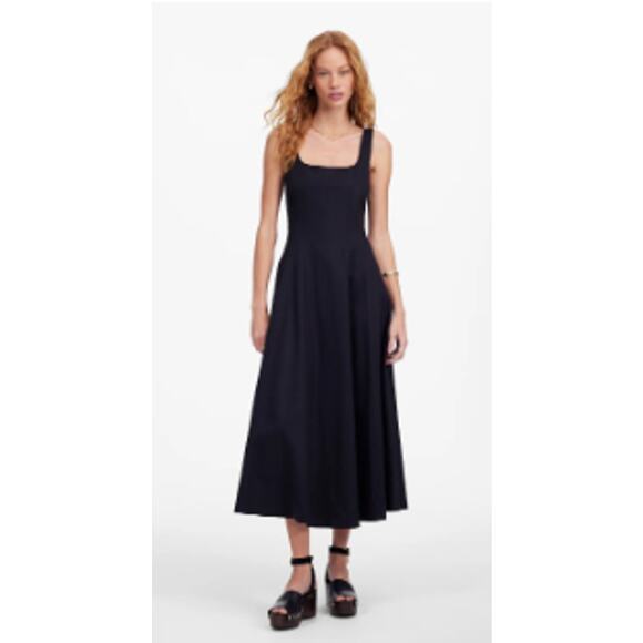 Madewell Plus Seamed Square-Neck Midi Dress Smocked Back Black Pockets Size 14 - Picture 3 of 13